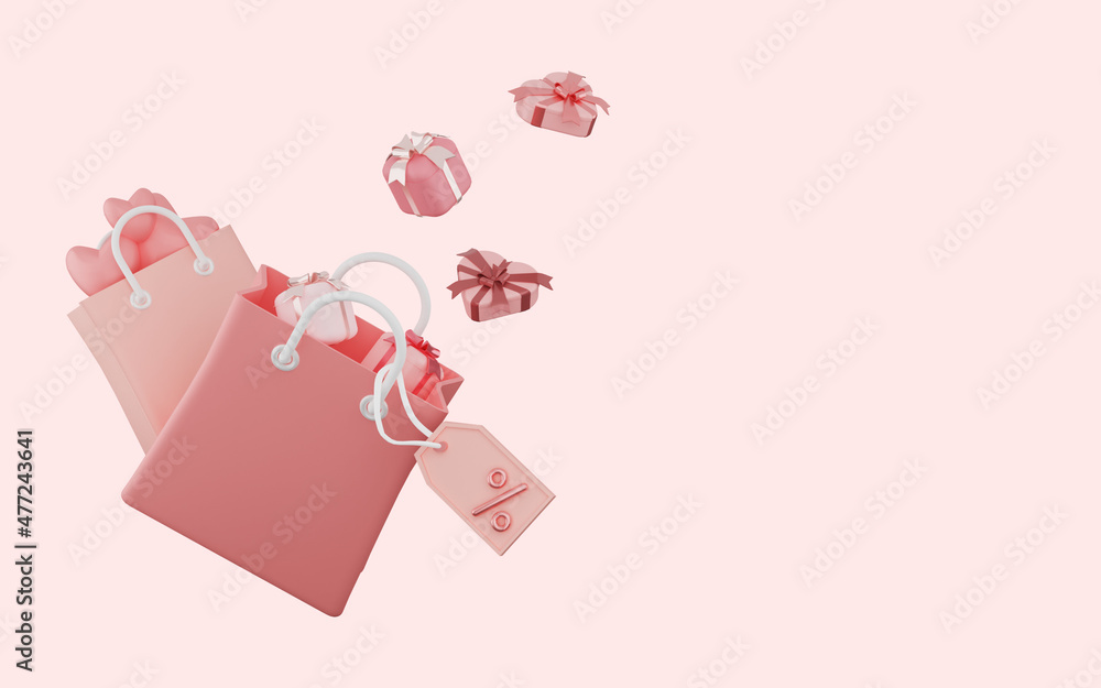 3d rendering of shopping bag with love and gift box.Concept of great discount, suitable for valentine, anniversary 3d rendering of shopping bag with love and gift box.Concept of great discount, suitable for valentine, anniversary