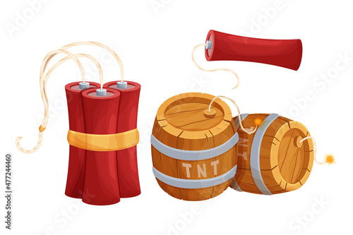 Set TNT wooden barrel with detonator, red dynamite stick in comic cartoon style isolated on white background. Explosive weapon, bomb. Ui game asset. 