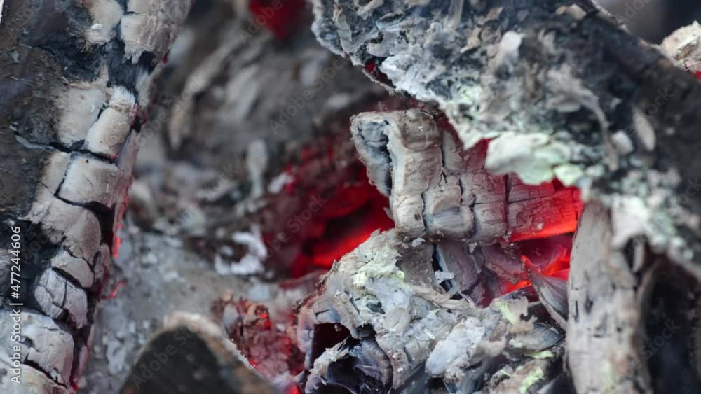 Small fire in a fireplace, firewood coal closeup, burning wood in a campfire Small fire in a fireplace, firewood coal closeup, burning wood in a campfire