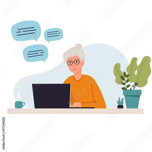 Grandmother is sitting with a laptop at home. I work on a computer. chatting Online education, training or social media concept. flat vector © Yuliia