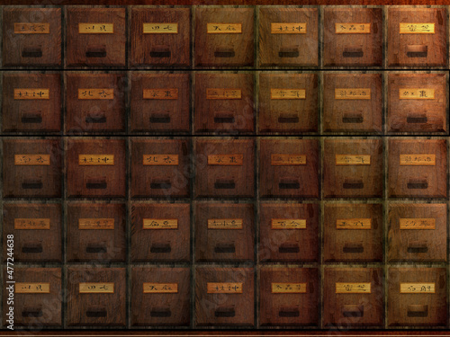 3d rendering of antique chest used to store chinese medicinal herbs