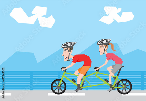 An illustration of a couple riding tandem bike