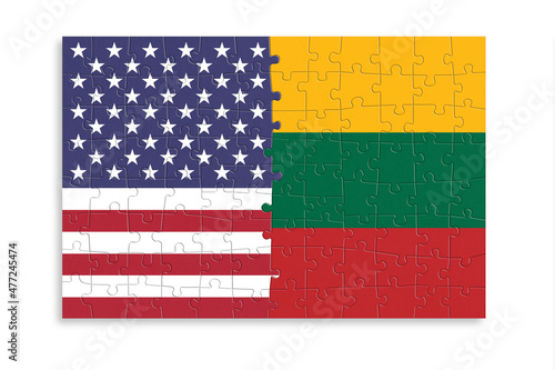 Puzzle made from United States of America and Lithuania flags. Relationship between United States of America and Lithuania