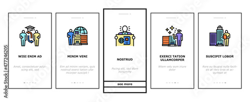 Higher Education And Graduation Onboarding Mobile App Page Screen Vector. Two Four Year Higher Education In College And University, Private Profit Institution And International Admission Illustrations