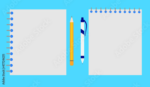 Realistic vector notebook and white pancil, pen. Front view