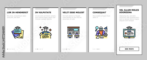 Higher Education And Graduation Onboarding Mobile App Page Screen Vector. Two Four Year Higher Education In College And University, Private Profit Institution And International Admission Illustrations