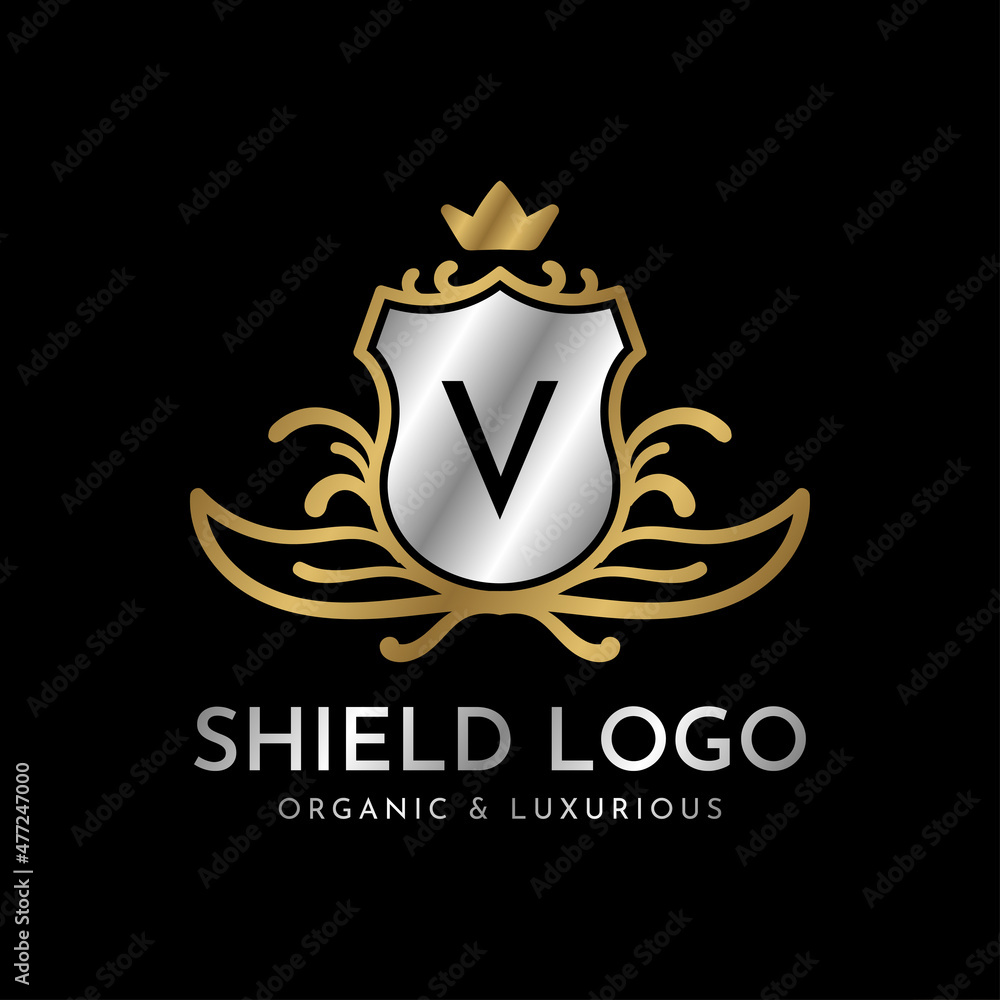 letter V shield gold and silver luxury vector logo design letter V shield gold and silver luxury vector logo design