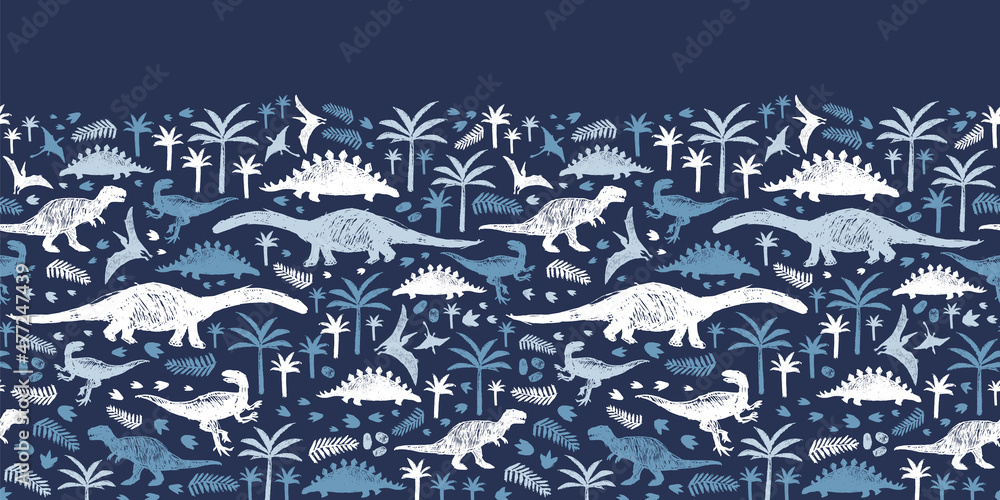 Vector blue dinosaur sketch repeat horizontal border pattern. Perfect for wall mural, banners or posters.