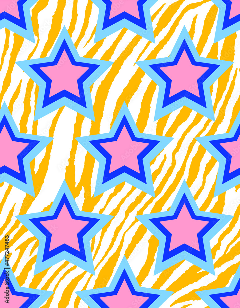 Fototapeta premium Abstract Hand Drawing Geometric 70s Retro Stars with Zebra Stripes Background Seamless Vector Pattern 