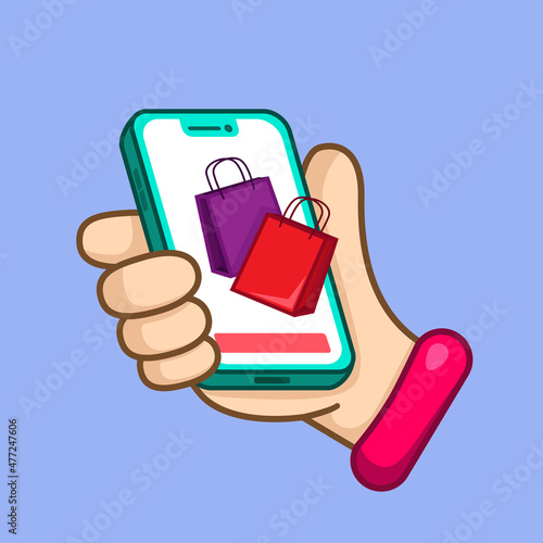 Hand holding smartphone with shopping bag on screen and buttons to check out product purchase online photo