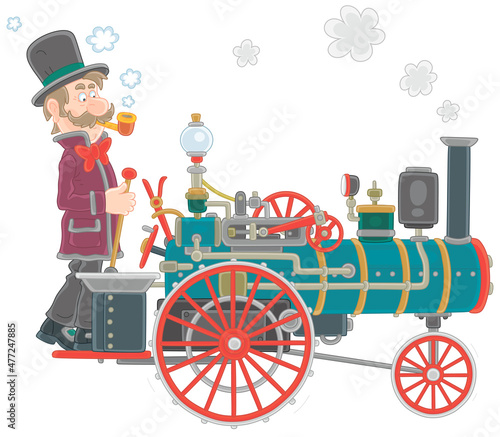 Vintage steam car with a funny smoking driver in a retro top hat vector cartoon illustration isolated on a white background photo