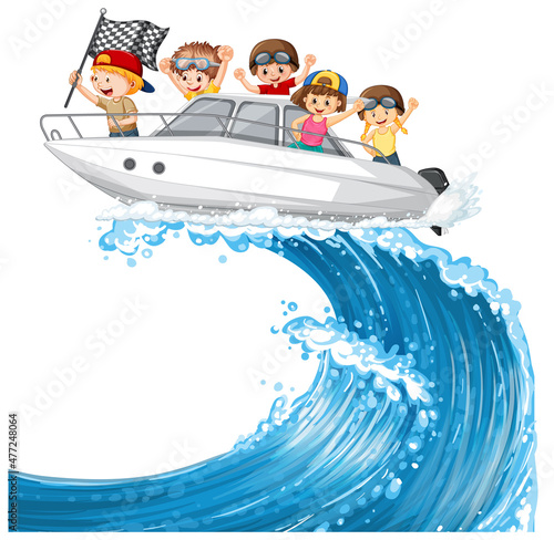 Young boy driving boat with his friends