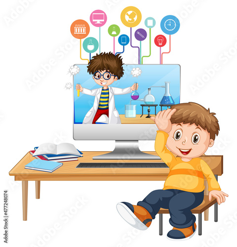 Young boy studying in front of computer