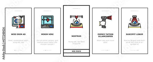 3d Modelling Software And Device Onboarding Mobile App Page Screen Vector. 3d Modelling Computer Program For Interior Visualization And Architecture Exterior, Scanning And Printing Illustrations