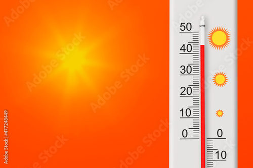 Celsius scale thermometer shows plus 44 degrees . Yellow sun in red sky. Summer heat