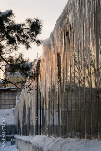 Large and long dangerous icicles hanging off of greenhouse eaves on frosty day, ice dam on glasshouse rooftop in winter garden during deep freezing weather outside. Poor thermal roof insulation photo