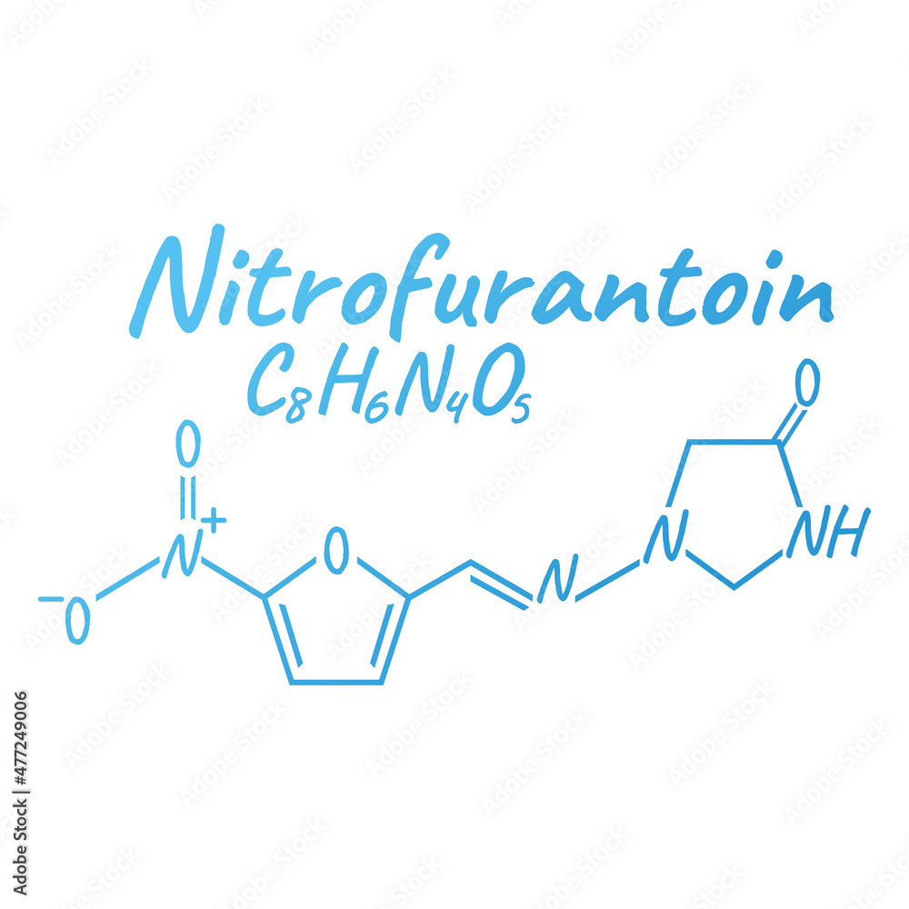 Nitrofurantoin antibiotic chemical formula and composition, concept structural medical drug, isolated on white background, vector illustration. Nitrofurantoin antibiotic chemical formula and composition, concept structural medical drug, isolated on white background, vector illustration.