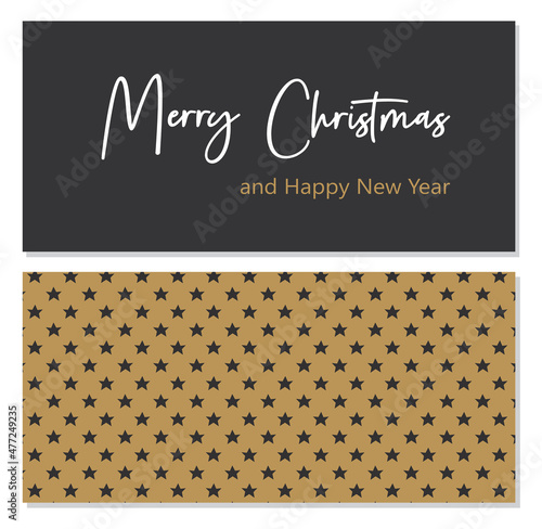 Merry Christmas and Happy New Year greeting card, banner template. Christmas tree with lettering. Background with christmas tree pattern. Winter holiday decor.