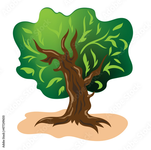 A large mighty tree with green leaves in an abstract style