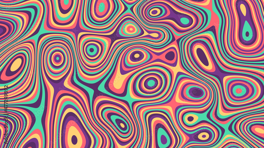 Abstract wavy psychedelic background with liquid lines. Colorful topographic contour lines. Vector background