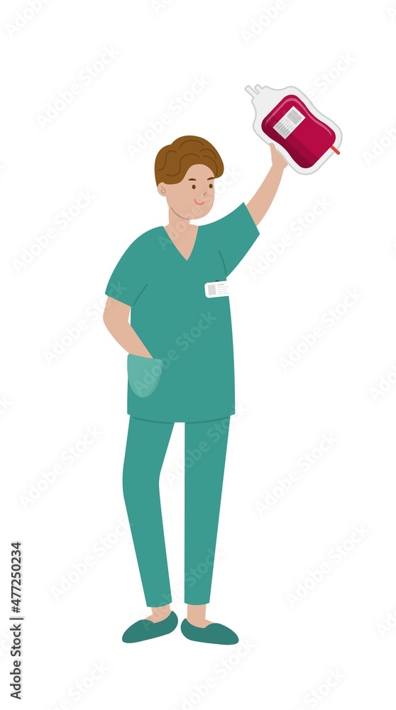 Male medical worker surgery staff with blood bag isolated on white background, cartoon comic vector character Male medical worker surgery staff with blood bag isolated on white background, cartoon comic vector character