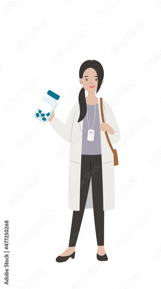Female paramedic medical worker with medicine isolated on white background, cartoon comic vector character Female paramedic medical worker with medicine isolated on white background, cartoon comic vector character