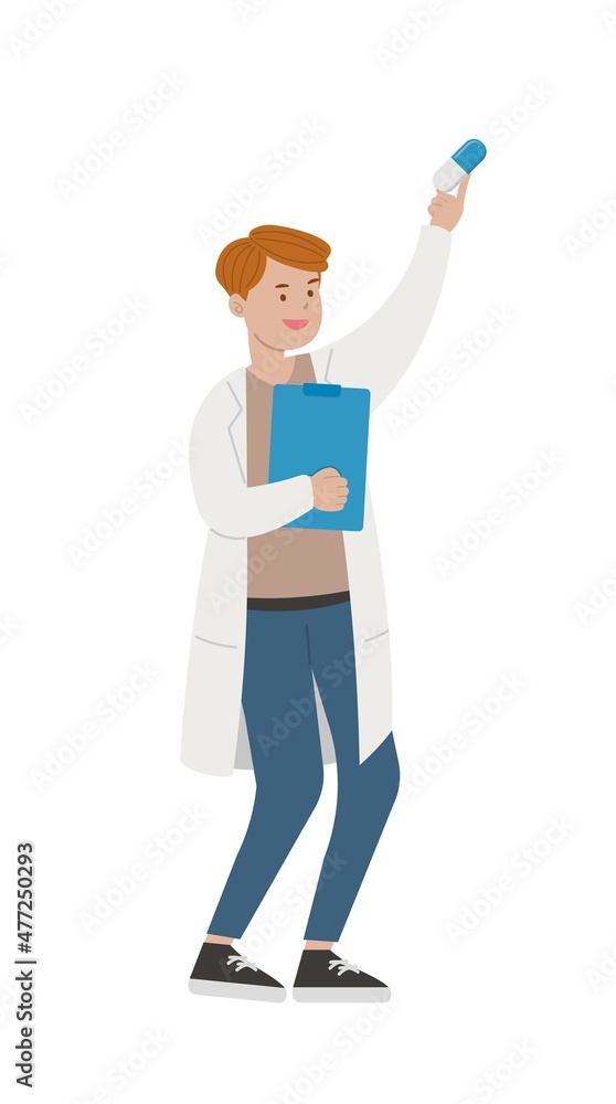 Male doctor medical worker with information book with diagnosis book and drugs isolated on white background, cartoon comic vector character
