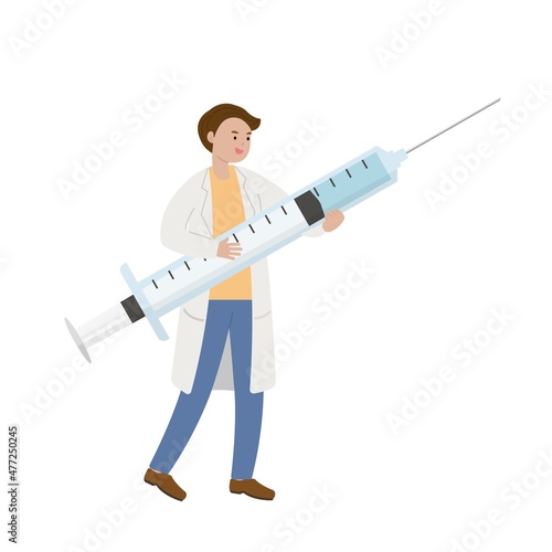 Male doctor medical worker with syringe with vaccine isolated on white background, cartoon comic vector character