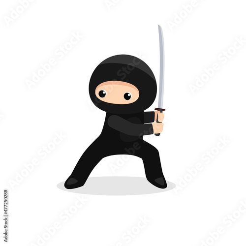 Cute ninja with katana isolated on white background