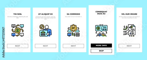 Fintech Financial Technology Onboarding Mobile App Page Screen Vector. Hackathon Fintech Development Blockchain, Crowdfunding And Investment Finance Business Line. Digital Money Earning Illustrations