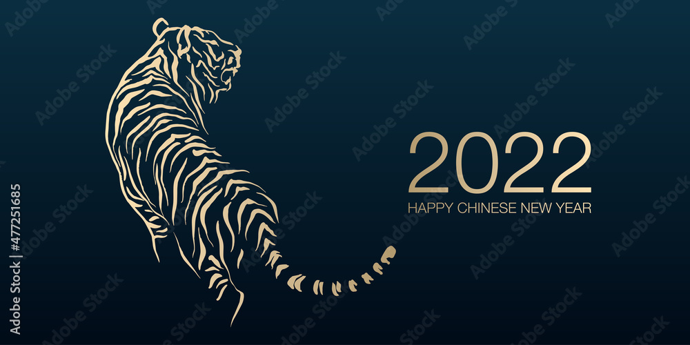 Happy Chinese New Year 2022 by gold brush stroke abstract paint of the tiger isolated on dark blue background. - obrazy, fototapety, plakaty 