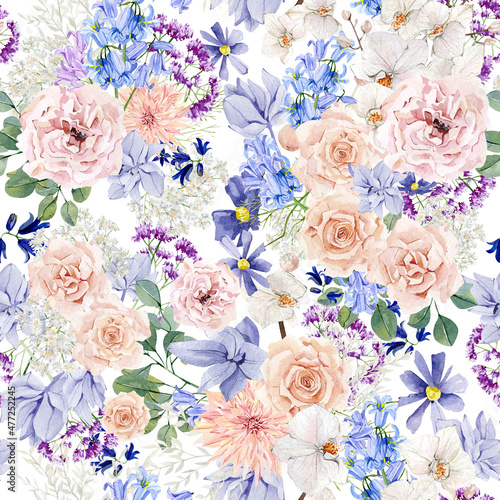 Elegant spring summer seamless floral pattern with hand drawn violet flower, purple floral, white orchid, rose, peony, bluebells illustration. Flower background for the textile fabric, wrapping paper