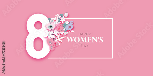Floral Happy Womens Day. 8 March. Trendy Mothers Day. Paper cut Flowers. Origami Flowers. Spring blossom on pink. Spring time. Text. Seasonal holiday. Modern decoration. pink Very peri.