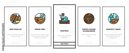 Hardwood Floor And Stair Renovate Onboarding Mobile App Page Screen Vector. Hardwood Floor Restoration And Installation, Parquet Varnish And Plinth Line. Cleaning And Repairing Service Illustrations