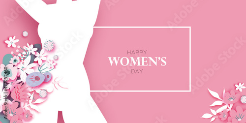Floral female silhouette. Dancing woman. Flower bouquet. Happy Women's day. Happy Mother's Day. Venera, Venus female concept paper cut style. Body positive. Pink. Purple.