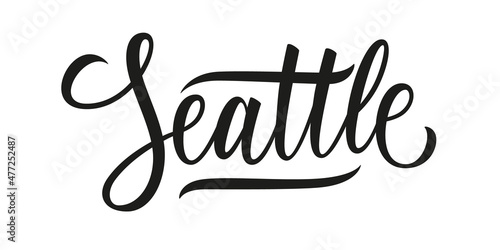 Seattle handwritten inscription. Seattle city name hand drawn lettering isolated on white background. Calligraphic element for your design. Vector illustration.