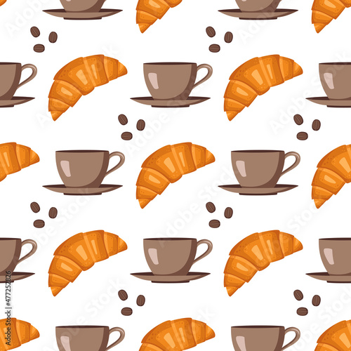 Seamless pattern with croissants, cups, saucers and coffee beans. Cute print with pastries and drinks for cafe and restaurant menus, textiles, paper and design. Vector flat illustration