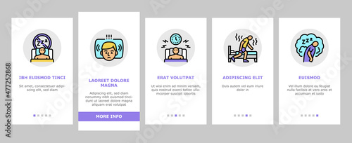 Insomnia Person Chronic Problem Onboarding Mobile App Page Screen Vector. Remaining Passively Awake And Difficulty Falling Asleep At Night, Insomnia Stimulus Control And Light Therapy Illustrations
