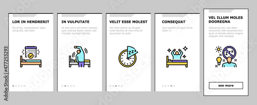 Insomnia Person Chronic Problem Onboarding Mobile App Page Screen Vector. Remaining Passively Awake And Difficulty Falling Asleep At Night, Insomnia Stimulus Control And Light Therapy Illustrations