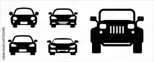 Car icon set. Cars transport symbol. Automobile vehicle silhouette front view sign. Contain icon such as sport car, racing, sedan, off road and city car.