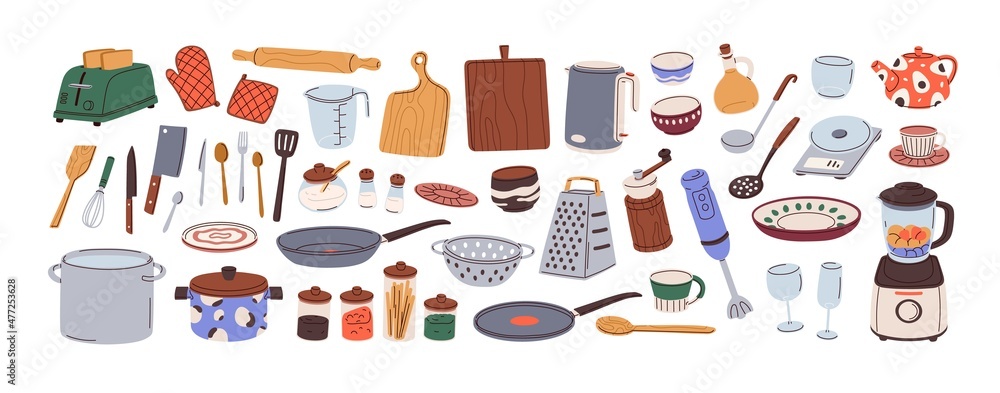 Kitchenware set. Kitchen utensils, tools, equipment and cutlery for cooking. Cook appliances and accessories collection. Flat vector illustrations of cookware objects isolated on white background - obrazy, fototapety, plakaty 