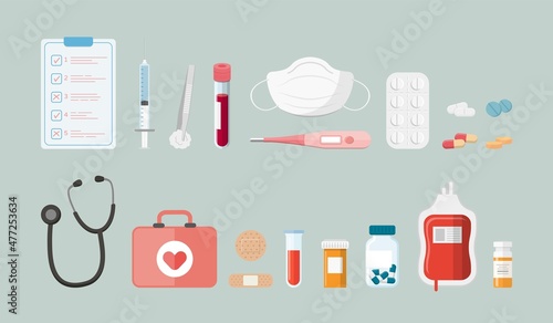 A set of vector icons of medical equipment and drugs, pills, medical bottles, syringes, vaccines, blood, stethoscopes, medical masks, medicine and health care