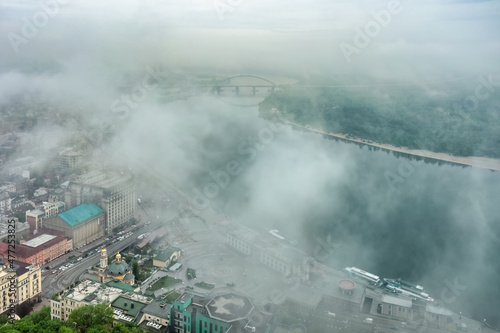 Aerial view, morning, fog. Podil, the old district of Kiev
