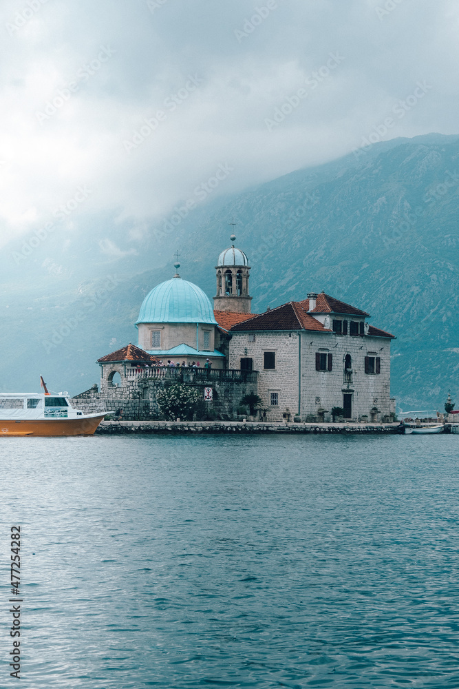 The Church of Our Lady on the reef on the island in the city of Perast in Montenegro