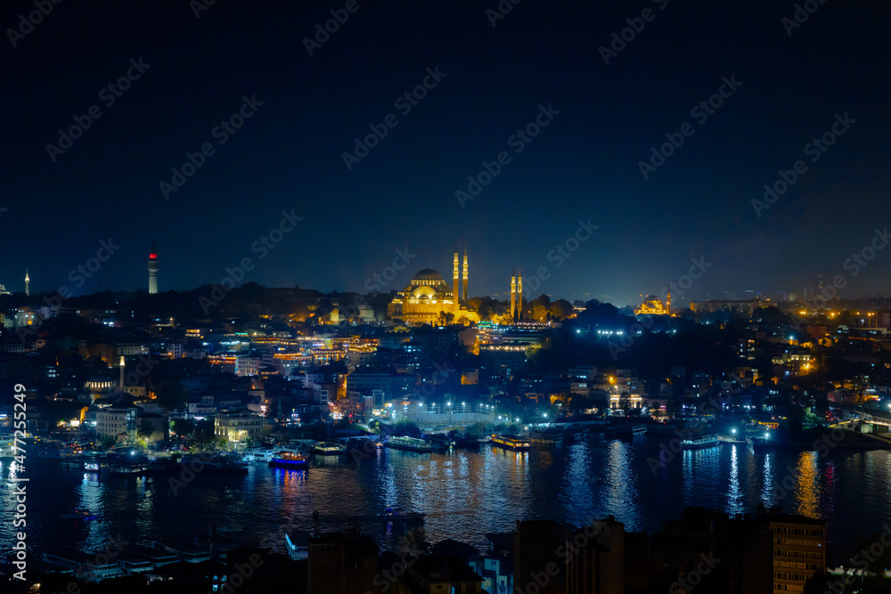 Istanbul background photo. Cityscape of Istanbul at night from Galata Tower.