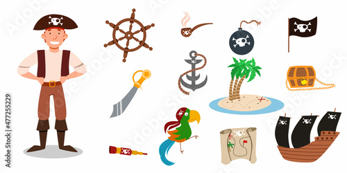 A set of pirate items. pirate character in a suit, hat, hands on the waist. vector illustration of a pirate sailor isolated on a white background