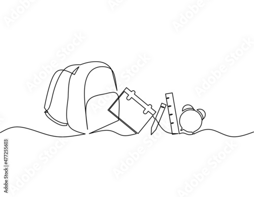 Continuous line drawing of bag, calender, pencil, ruler and alarm, back to school icon set, object one line, single line art, vector illustration