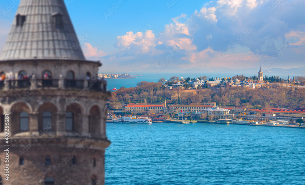 Topkapi Palace with blur Galata tower in the foreground - Istanbul, Turkey