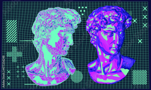 Retrofuturistic style 3D illustration of a low poly bust sculpture. Vaporwave computer art aesthetics.
