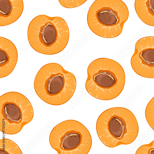 Apricots seamless pattern. Orange fruit halves with kernel. Food background. Vector cartoon flat illustration.